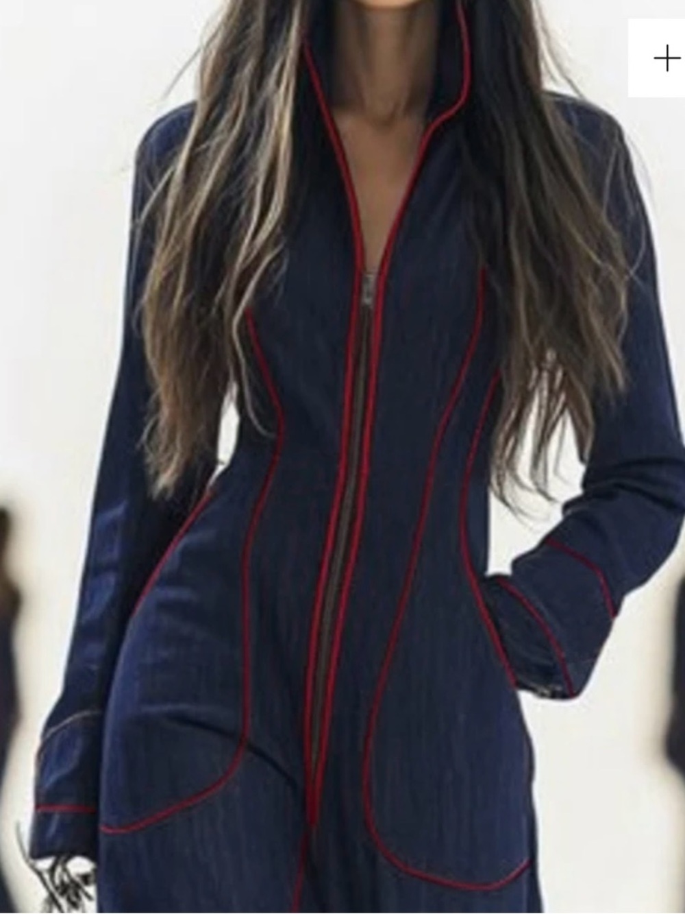 Navy Blue Fitted Jumpsuit with Red Piping